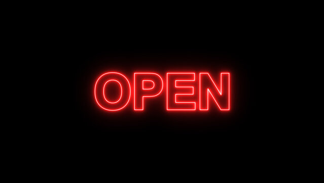 Neon glowing open icon. Open Sign Line on black background. open Outline Symbol.