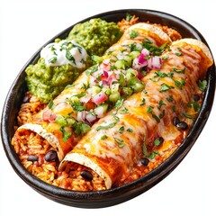 Wall Mural - Delicious Cheesy Enchiladas Served with Rice, Green Sauce, and Sour Cream on a Black Serving Plate