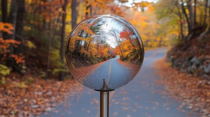 Poster - A spherical mirror mounted on a pole, reflecting a winding road through vibrant autumn foliage, capturing the essence of fall