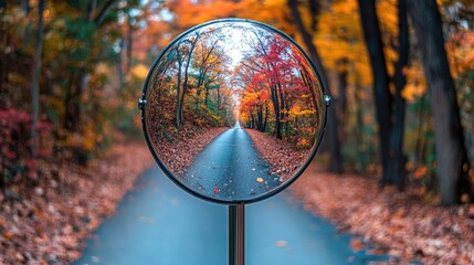 Poster - A spherical mirror mounted on a pole reflects a peaceful autumn road, surrounded by trees with colorful leaves, evoking fall serenity