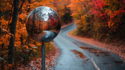 Poster - A spherical mirror mounted on a pole reflects a winding road surrounded by brilliant autumn foliage, creating a scenic autumn view