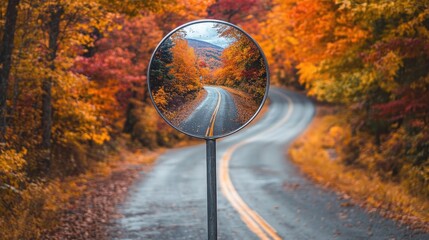Poster - A spherical mirror mounted on a pole reflects a winding road surrounded by brilliant autumn foliage, creating a scenic autumn view