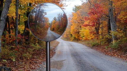 Poster - A spherical mirror mounted on a pole reflects a peaceful autumn road, surrounded by trees with colorful leaves, evoking fall serenity