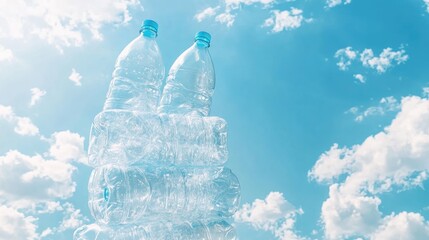 Aufkleber - A stack of plastic bottles for recycling against a blue sky, symbolizing eco-friendly efforts and sustainability in waste management