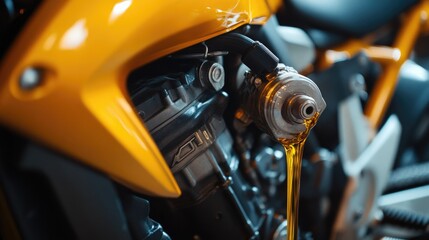 Poster - A step-by-step view of refueling a motorbike engine, showing the careful pouring of oil into the engine, with a clean and focused setup