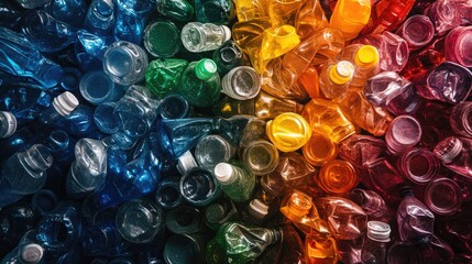 Poster - A striking composition of discarded plastic bottles in vivid colors, contrasting sharply against a dark, moody backdrop, capturing the impact of waste