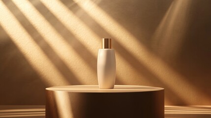 Poster - A stylish me lotion bottle placed on a podium, softly illuminated by spotlights to highlight its elegant texture and packaging in a beauty campaign mockup
