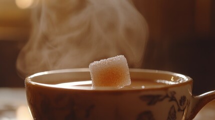 Poster - A sugar cube dissolving in a steaming cup of tea, delicate droplets visible on the surface, casting a warm and inviting glow