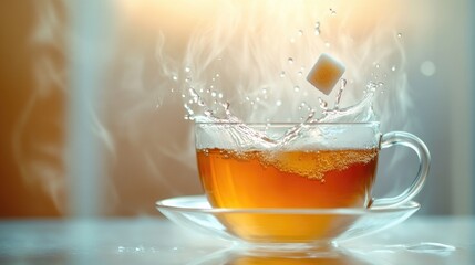 Poster - A sugar cube gently splashing into a warm cup of tea, tiny droplets forming on the surface, steam rising softly to evoke cozy comfort