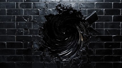 Poster - A swirling black void disrupts a black ceramic brick wall, creating cracks and glowing dark debris, evoking a sense of tension and destruction