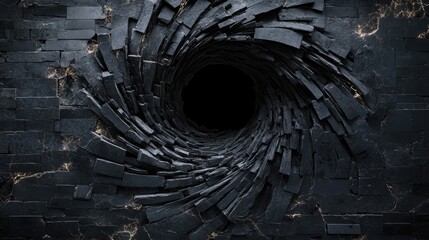 Poster - A swirling black void tearing through a black ceramic brick wall, with glowing dark debris and cracks, creating an intense visual contrast
