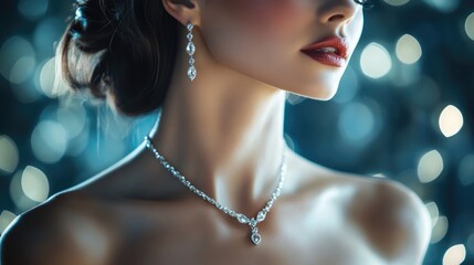 Poster - A woman in stunning evening attire, her diamond necklace sparkling under the light, exuding timeless elegance and refinement