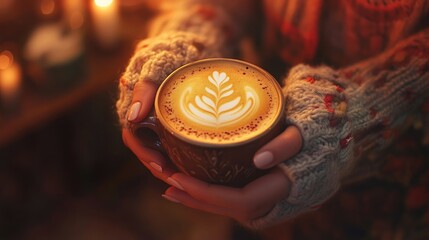 Poster - A woman hands holding a cup of coffee with intricate latte art, placed in a cozy cafe setting with warm tones and inviting atmosphere