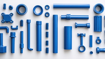 Aufkleber - An assortment of blue PVC pipes and fittings arranged neatly on a white background, highlighting their clean lines and precision