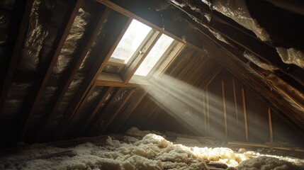 Aufkleber - An attic under construction, with insulation exposed and natural light streaming through a skylight, capturing the raw energy of the space transformation