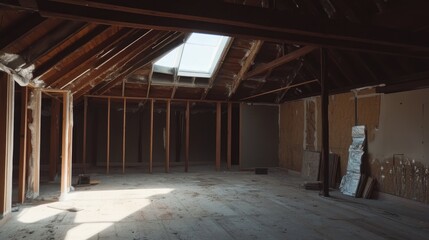 Aufkleber - An attic space in the midst of construction, with exposed insulation and a skylight letting in natural light, creating a work-in-progress atmosphere