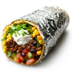 Wall Mural - Delicious and Flavorful Burrito Wrapped in Foil with Fresh Ingredients and Tasty Meat Filling