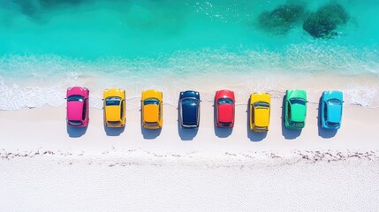 Poster - Colorful cars parked in a fun line on a white sand beach, with the vibrant turquoise sea and a bright sunny sky providing the perfect backdrop