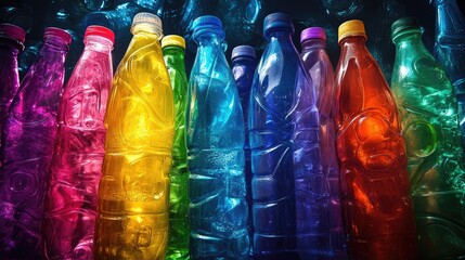 Poster - Colorful plastic bottles discarded in a vivid arrangement, contrasting against a dark, dramatic backdrop, drawing attention to sustainability issues