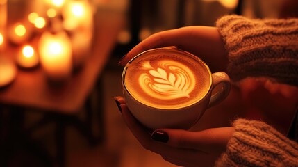 Poster - Female hands gently cradling a cup of coffee with frothy latte art, set against a cozy cafe backdrop with soft lighting, evoking warmth and relaxation