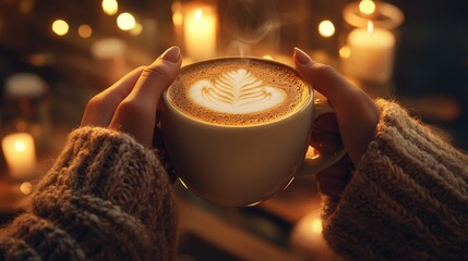 Poster - Female hands gently cradling a cup of coffee with frothy latte art, set against a cozy cafe backdrop with soft lighting, evoking warmth and relaxation