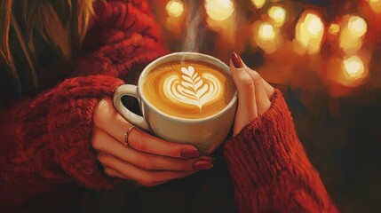 Poster - Female hands gently holding a coffee cup with beautiful latte art, surrounded by the warm, inviting ambiance of a cozy cafe