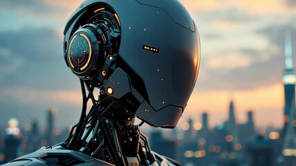 Poster - Futuristic robot observing cityscape at sunset with illuminated circuitry and moving head