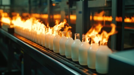 Poster - Glass bottles passing through a conveyor, being pasteurized with fire, in a factory setting, emphasizing the advanced production methods of beverages