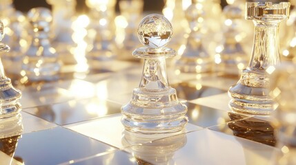 Aufkleber - Glass chess pieces in mid-game, with a pawn advancing under soft golden lighting that highlights their crystal-clear reflections on the board