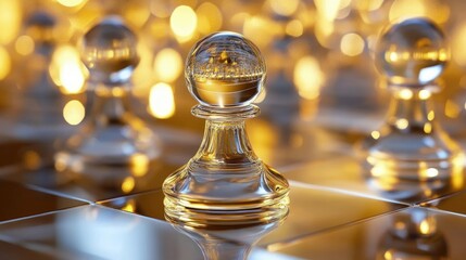 Aufkleber - Glass chess pieces in mid-game, with a pawn advancing under soft golden lighting that highlights their crystal-clear reflections on the board