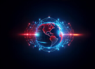 Poster - A glowing digital Earth, encircled by red and blue interconnected nodes, symbolizes global network connectivity and data flow.  The image evokes themes of technology, communication, and international 
