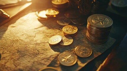 Aufkleber - Gold coins and bars placed beside antique maps and compasses, with soft lighting, creating a scene of historical wealth and discovery