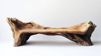 Poster - Intricate details of a nature-inspired wooden bench captured on a minimal white background, emphasizing its natural beauty and artistry