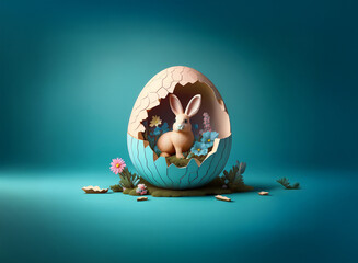 Poster - A pink bunny rabbit peeks from a cracked pastel-blue egg nestled amongst spring flowers on a teal background.  The scene is minimalist and evokes a sense of new life and springtime.