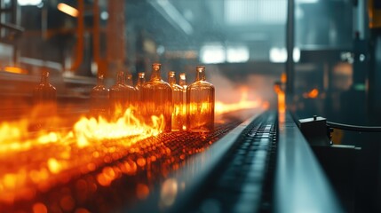 Poster - On the conveyor, glass bottles are pasteurized with fire, as part of the production process in a beverage factory, showcasing the precision of manufacturing
