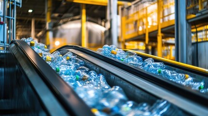 Poster - Plastic bottles stacked near an escalator at a factory, waiting to be processed in a PET recycling plant, showcasing the recycling journey