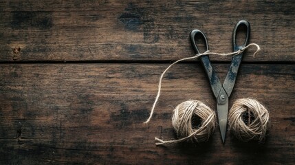 Poster - Scissors and twine placed neatly on a textured wooden surface, with soft natural light highlighting the simplicity and beauty of the arrangement