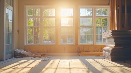 Poster - Sunlight streaming through newly installed windows in a home, with construction materials stacked around, signifying a stage of renovation and transformation