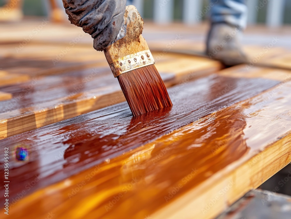 Foto de Stock Construction workers applying wood stain, enhancing ... - Grain Enhancing Polish For Stained Wood