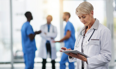 woman, doctor and reading with tablet for medical history, report or clinic record at hospital. fema