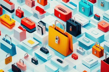 Poster - Exploring a vibrant digital landscape of colorful locks and bags for data security and protection, Processing data, discovering database over digital shopping icons and locks