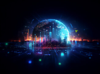 Poster - a vibrant, futuristic cityscape rises from a glowing digital earth, representing global connectivity