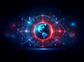 Poster - A glowing digital earth encircled by a network of red and blue lines, symbolizing global finance and interconnectedness.  Currency symbols orbit the sphere, suggesting worldwide monetary systems.