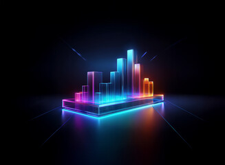 Neon glowing bar graph rising on a dark reflective surface, suggesting growth and progress in technology or business.