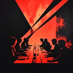 silhouettes decision meeting corporate making concept. Silhouettes of people at a table in a dramatic red-lit setting.