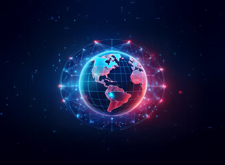 Poster - a glowing digital globe, encircled by a network of connections, pulses with red and blue energy, rep