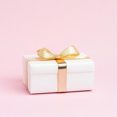 Poster - Minimalist gift box with gold-edged ribbon, isolated on a solid pastel pink background, clean elegant look
