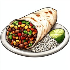 Wall Mural - Colorful Burrito with Rice and Lime Slice on White Plate Ideal for Food Photography