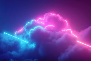 Poster - Neon abstract clouds illuminated with blue and purple light create a futuristic atmosphere, Blue and purple neon clouds abstract tech motion background
