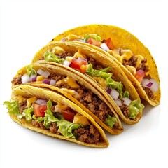 Wall Mural - Freshly Made Tacos with Ground Beef, Lettuce, Cheese, Tomatoes, and Onions on a White Background